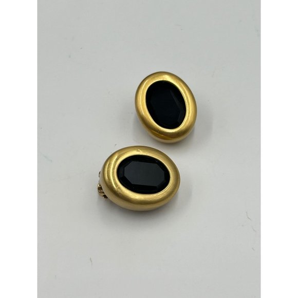 Signed CAROLEE Black Glass Matte Gold Tone Clips Statement Earrings Oval Shaped - Picture 5 of 9